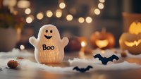 Cute knitted ghost decoration with boo text on cozy Halloween setting with glowing lights, carved pumpkins, black paper bats and cotton web decorations.