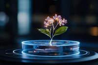 Pink orchid growing in glowing futuristic petri dish with luminescent blue light effects against dark background, representing biotechnology and scientific research.