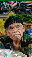 Elderly Asian market vendor wearing traditional headwrap and camouflage shirt gazes thoughtfully at camera, surrounded by colorful produce and market goods.