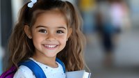 Cheerful young girl with long brown hair and blue hair clip smiling brightly while holding books at school, representing education and childhood joy.