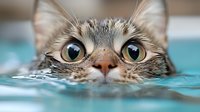 Curious cat peeking over edge of swimming pool with wide green eyes and wet fur, close-up view showing playful expression and partial face in turquoise water.