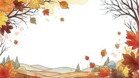Autumn landscape frame with colorful falling leaves, bare tree branches and rolling hills creating seasonal border for text and design projects.