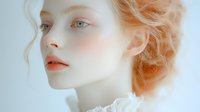 Young redhead woman with pale skin and freckles in soft natural lighting. Professional beauty portrait with ethereal makeup and styling for cosmetics advertising.