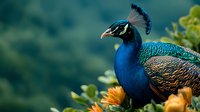 Majestic peacock with vibrant blue plumage and ornate feathers poses among orange flowers, creating striking contrast against blurred natural background. Perfect for nature themes.