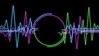 Colorful neon audio waveform with circular frame on black background. Digital sound visualization for music production, podcast, radio broadcasting.