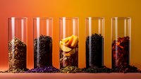 Different types of loose tea leaves and dried fruit pieces arranged in glass test tubes against orange gradient background, showcasing variety of herbal blends.
