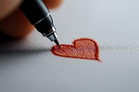 Red heart drawn with marker pen on white paper, close-up view showing creative expression of love and romance. Suitable for greeting cards and valentines designs.