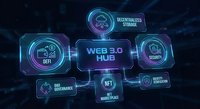 Web 3.0 hub interface with blockchain technology icons including DeFi, NFT, and decentralized storage on dark digital background for fintech presentations.