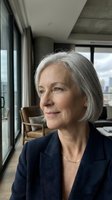 Confident senior businesswoman with gray hair in navy blazer looking thoughtfully out office window in modern corporate workspace.