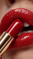 Close-up of glossy red lipstick application on full lips, showing luxurious texture and rich color for beauty and cosmetic advertising.