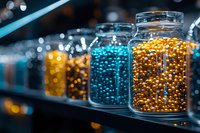 Glass jars filled with shiny gold and turquoise decorative beads on dark shelf with bokeh background, creating luxurious holiday atmosphere for craft and decor.