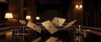 Vintage playing cards floating above poker table with casino chips in elegant dimly lit room with warm lighting and luxurious interior design atmosphere.