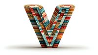 Decorative capital letter V with colorful ethnic pattern in turquoise, orange and red on white background, isolated typography element for design projects.