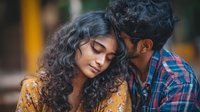 Young Indian couple sharing intimate romantic moment with woman in yellow floral dress and man in plaid shirt embracing tenderly in warm natural light.