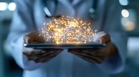 Magical glowing sparkles emerging between hands holding smartphone device in dark environment, creating ethereal digital transformation effect.