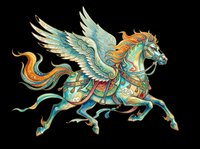 Ornate winged horse with flowing mane in teal, gold, and orange tones, isolated on transparent background, ready for stickers, sublimation, and t-shirt design.