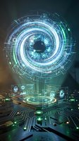 Futuristic digital eye with holographic interface and circuit board technology for cybersecurity and artificial intelligence applications.