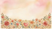 Ornamental floral border with roses, hearts and golden scrollwork on soft watercolor background, suitable for wedding invitations, greeting cards and romantic design projects.