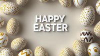 Elegant Easter eggs with gold patterns and white text on neutral background, luxury holiday composition with decorative painted eggs and typography.