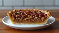 Homemade pecan pie slice with golden caramel filling and toasted nuts arranged in concentric circles, served on white plate against wooden table background.