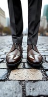 Brown leather oxford dress shoes and black suit pants on cobblestone street, low angle view capturing elegant menswear detail in urban setting.