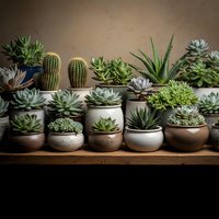 Collection of diverse succulents and cacti in ceramic pots arranged on wooden shelf against textured wall for home decor and gardening projects.