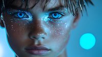Glowing blue eyes and sparkling makeup on young woman's face against dark background with ethereal cyan lighting and magical glitter effects.