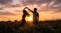 Romantic couple dancing in poppy field at golden sunset with dramatic cloudy sky, silhouetted against warm evening light creating intimate moment in nature.
