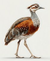 Elegant quail bird with distinctive plumage featuring brown, white spotted feathers and ornate head crest isolated on neutral background for design projects.