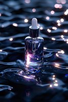 Glass dropper bottle with serum on dark water surface with glowing bokeh lights and reflections, luxury cosmetic product photography in mystical atmosphere.