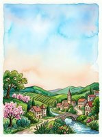 Watercolor spring village landscape with blooming trees, river bridge, rolling hills, and charming houses under a pastel sky.