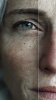 Close-up of mature woman's face showing aging skin texture, blue eye, and natural wrinkles, split-screen comparison for skincare or beauty concept.
