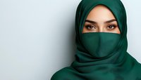 Young Middle Eastern woman wearing emerald green hijab and face covering against light background, intense gaze with expressive brown eyes.