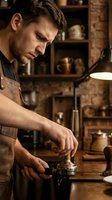 Young Caucasian male barista in leather apron tamping espresso in rustic coffee shop with warm vintage interior.