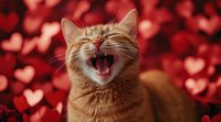 Laughing ginger cat on red background with heart bokeh. Funny pet portrait showing teeth and tongue, expressing happiness and joy. Perfect for Valentine's day designs.