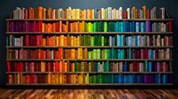 Colorful rainbow bookshelf with organized books arranged by color spectrum from red to purple creating vibrant library wall display for reading and education.