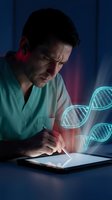 Male scientist examining DNA helix hologram on tablet in laboratory for genetic research and biotechnology innovation.