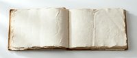 Open vintage book with blank yellowed pages and worn brown leather binding displaying aged paper texture and weathered edges.
