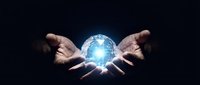 Hands holding glowing digital sphere with blue light energy, representing technology, innovation, and future digital transformation concepts for business and science applications.