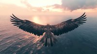 Majestic eagle soaring over ocean waters at sunset, wings fully spread against pink and orange sky, dramatic silhouette reflecting in calm sea surface.