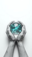 Hands holding glowing orb with cyan energy network, isolated on white background for technology, innovation, and future concepts in business and digital design projects.