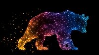 Glowing constellation bear silhouette with sparkles and stars in rainbow colors against black background, magical cosmic animal art for creative design projects.