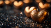 Golden heart decorations with glitter sparkle on dark background, romantic bokeh lights create magical atmosphere for Valentine's day or wedding design.