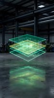 Futuristic holographic cube with glowing green wireframe layers floating in industrial warehouse space for technology and innovation concepts.