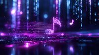 Glowing musical notes float in magical purple space with light streaks and reflections creating dreamy atmospheric composition for music and entertainment designs.