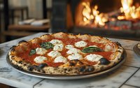 Authentic Neapolitan margherita pizza with melted mozzarella, tomato sauce, and fresh basil leaves on marble table, wood-fired oven flames in background.