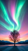 Spectacular northern lights dance above lone tree silhouette in winter landscape with snow-covered mountains, aurora borealis in vibrant green and pink colors at sunset.