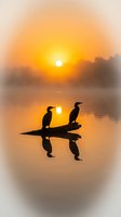 Two cormorants perched on a log at sunrise, silhouetted against golden sun and misty water. Wildlife and nature photography for editorial and design use.