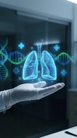 Gloved hand presenting holographic lungs with DNA strands and medical symbols in futuristic healthcare technology concept for respiratory medicine research.