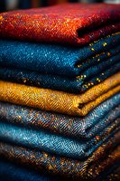 Stack of folded wool blankets in vibrant autumn colors featuring herringbone pattern and textured weave detail, showcasing rich red, navy blue, and golden orange tones.